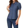 thumbnail image 1 of INSPIRE CHIC Chemise en Denim à Manches Courtes Bouffantes avec Col Pointu pour Femmes TP Bleu Foncé, 1 of 6