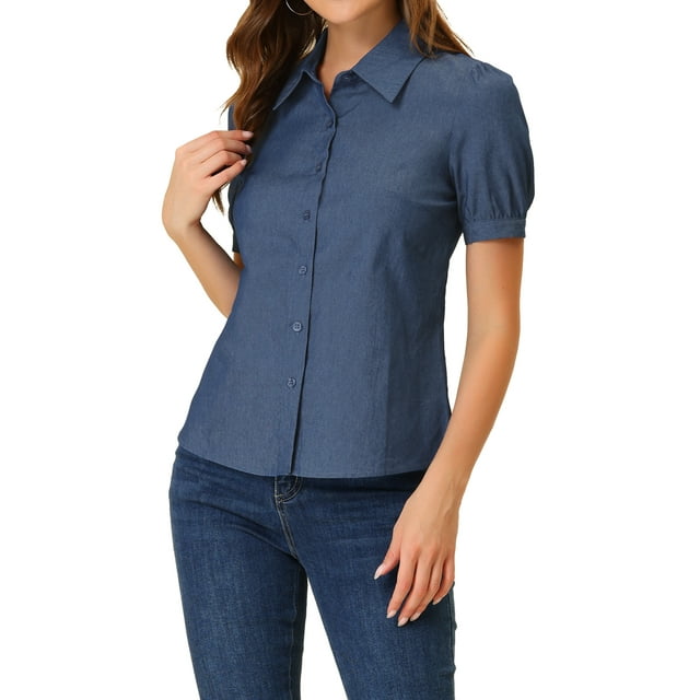 INSPIRE CHIC Chemise en Denim à Manches Courtes Bouffantes avec Col Pointu pour Femmes, Bleu Foncé