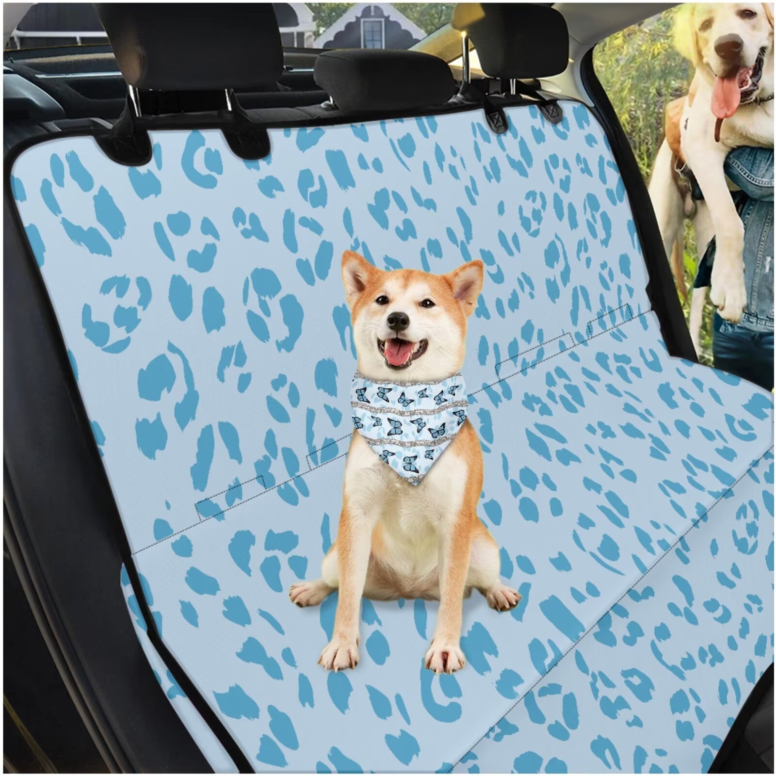 Garronmavis Blue Leopard Print 3 Pcs Car Accessories Set Dog Car Seat Cover for Back Seat Dog Bandanas Car Trash Can Large Capacity Multipurpose Dog Hammock for Car