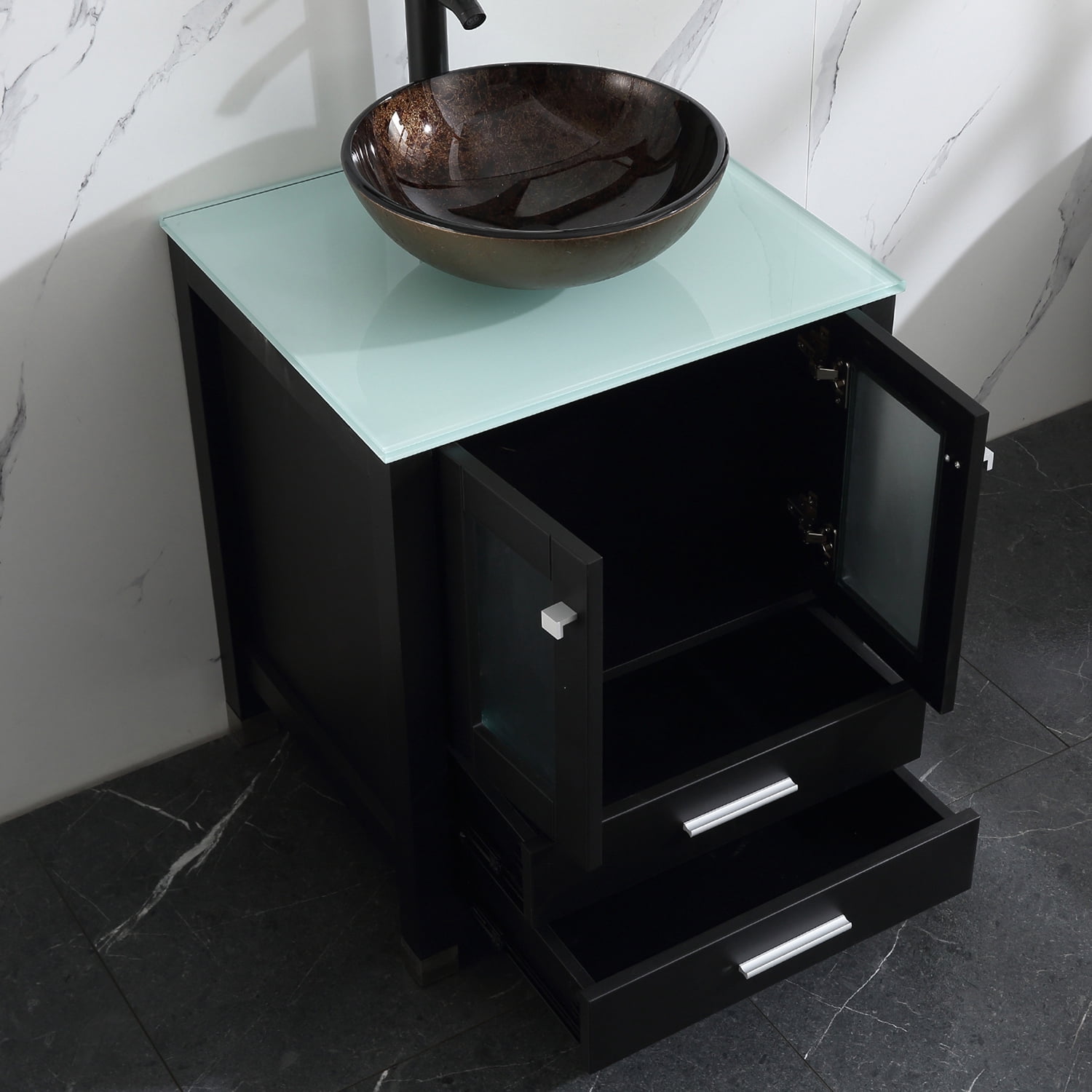 Wonline 24" Vessel Sink Wood Bathroom Cabinet w/Mirror And Temepered Glass Countertop