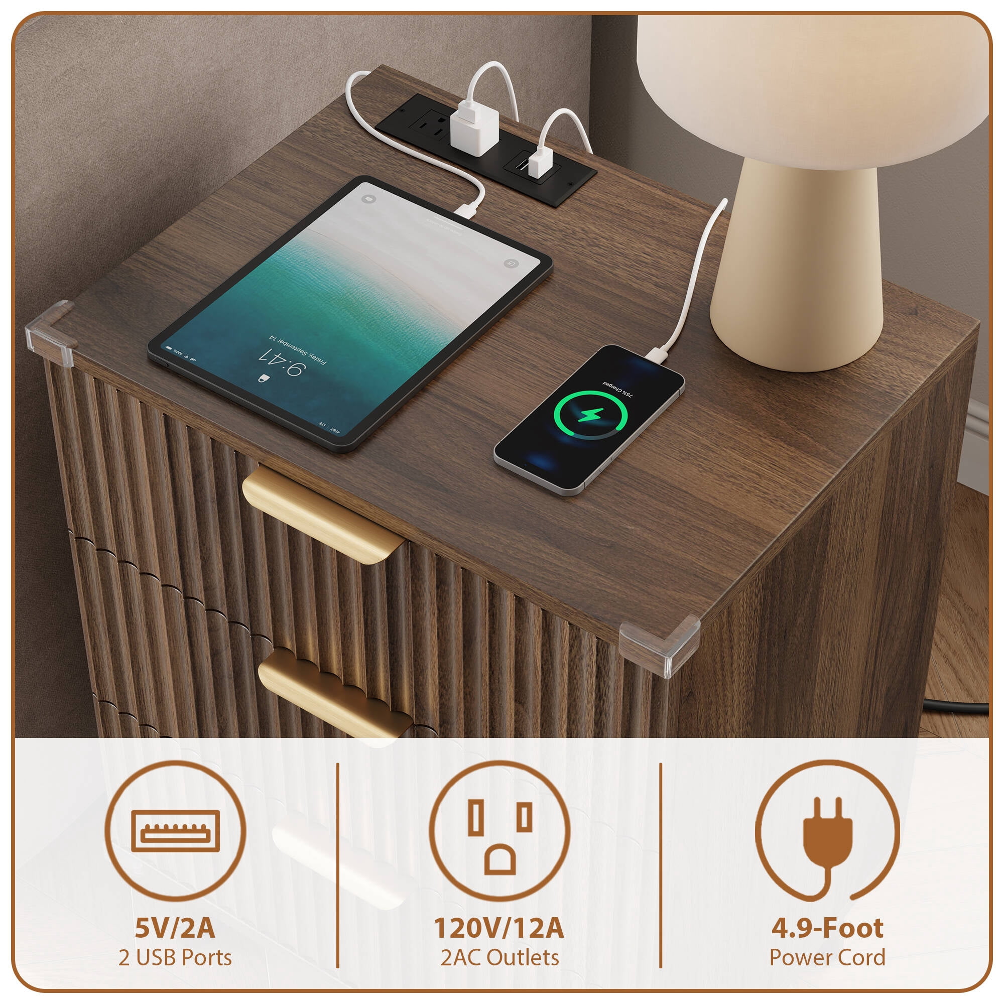 GIKPAL Night Stands for Bedroom Set of 2, Modern Bedside Table with 3 Drawers & Charging Station,Fluted Panel End Tables for Bedroom & Living Room, Walnut