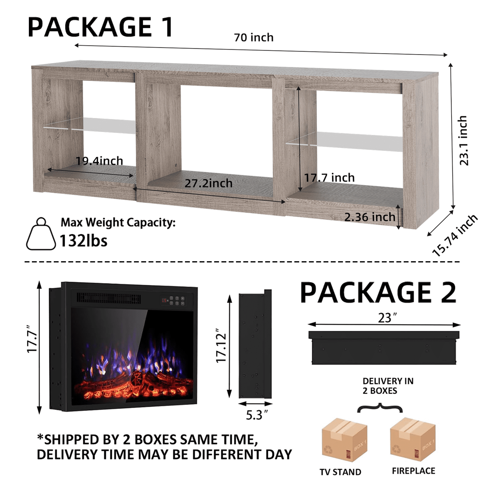 Rocyis 70’’ Fireplace TV Stand with LED Light and Entertainment Center for 80’’ TV with Adjustable Glass Shelves, White TV Console for Living Room/Bedrom,  Gray