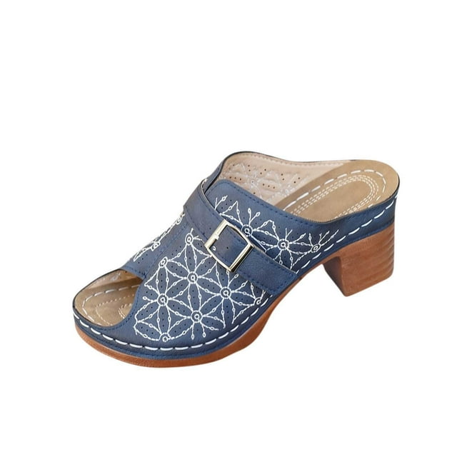 Wdhugt Floral Embroidered High Heel Slippers For Women Metal Buckle Half-Covered Toe Spring Summer Style Us Size 5.5 Heel Height 2.87 Inches Pu Material
