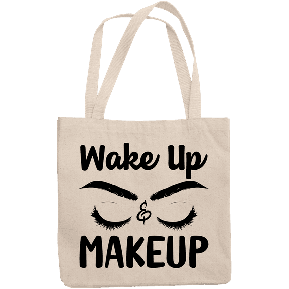 12oz Canvas Tote Bag - Wake Up & Makeup with Eyelashes & Eyebrows Design - Beauty Themed Merch for Makeup Artist or Cosmetologist, Gift for Makeup Lovers & Beauticians
