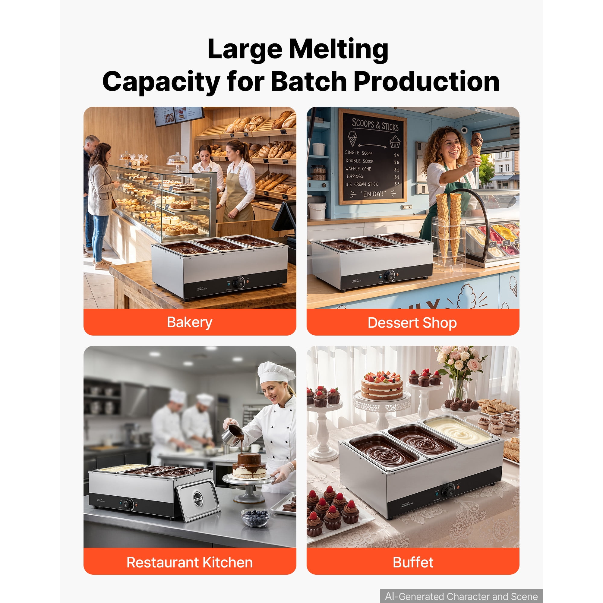 KFFKFF Chocolate Melting Machine with 3 Tanks, 27 Lbs Capacity, 1200W Power, Water Bath Heating System, Stainless Steel Construction, Adjustable Temperature Range from 86℉ to 185℉, Ideal for Melting