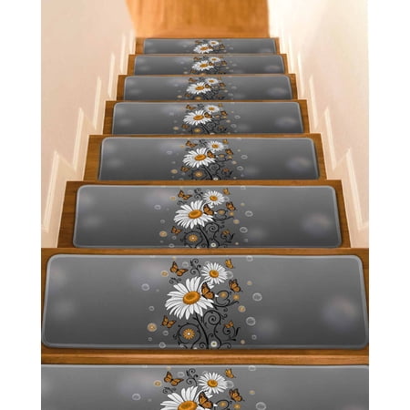 Yellow Daisy Stair Treads Bubble Butterfly Grey Grey Background Indoor Non Slip Peel and Stick Stair Treads for Wooden Steps 15 PCS, Soft Adhesive Staircase Mats Runner Rugs 8"x30"