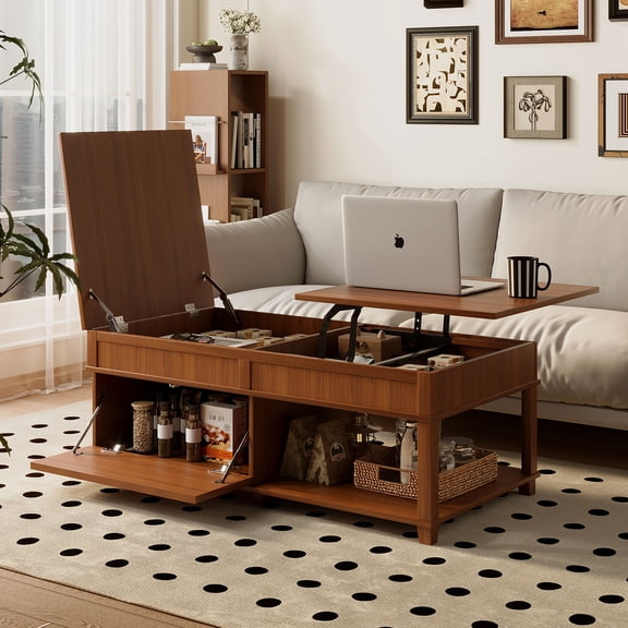 Harper & Bright Designs Rustic Lift Top Coffee Table with Storage, Rectangle Center Table with Hidden Compartment and Open Shelf, Large Coffee Table with Adjustable Desktop, Apricot Brown