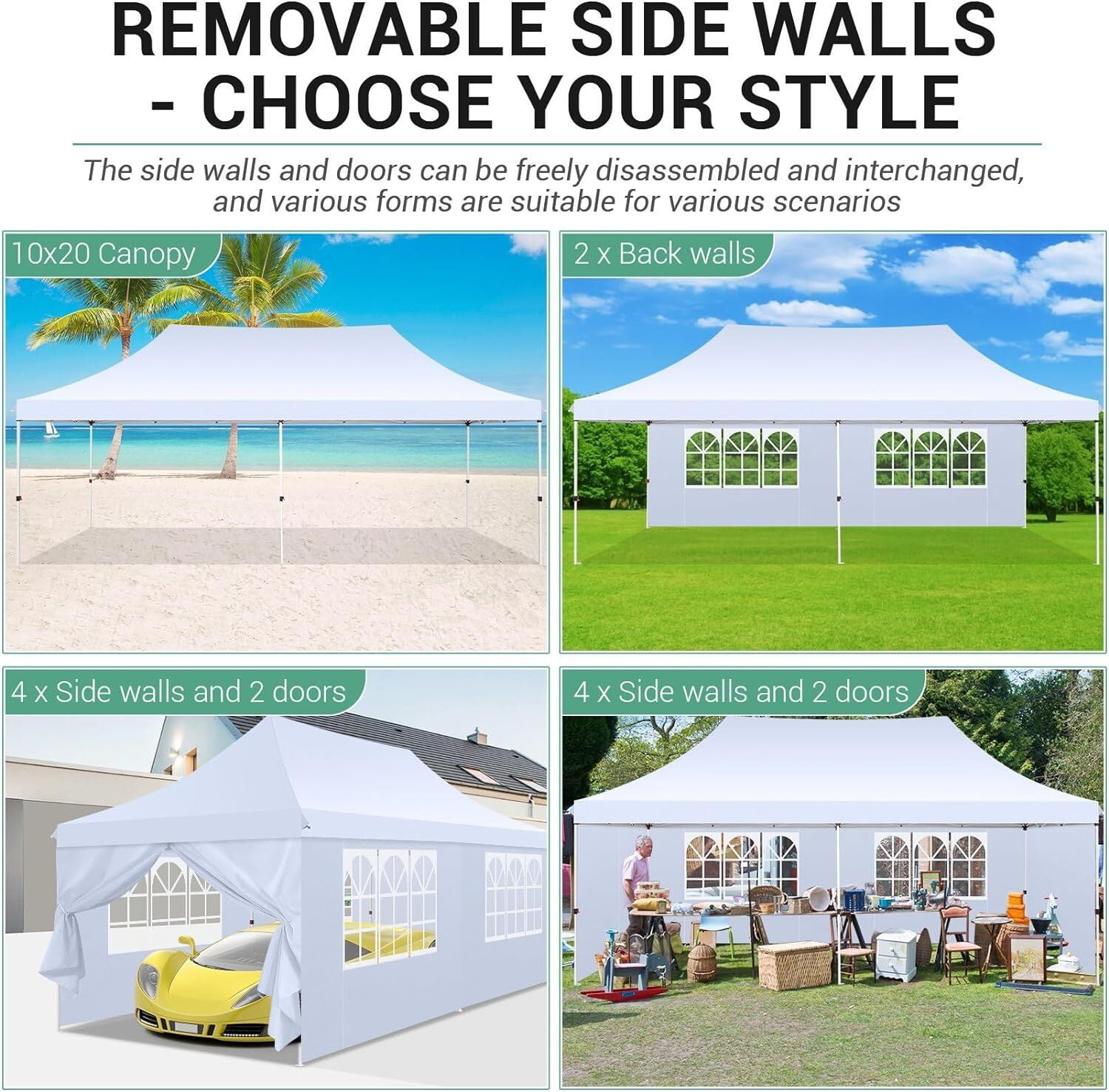 SANOPY 10'x20' Ez Pop up Canopy Party Tent with 6 Sidewalls, Waterproof and Sun Shelter Heavy Duty Canopy for Market with Carry Bag, White