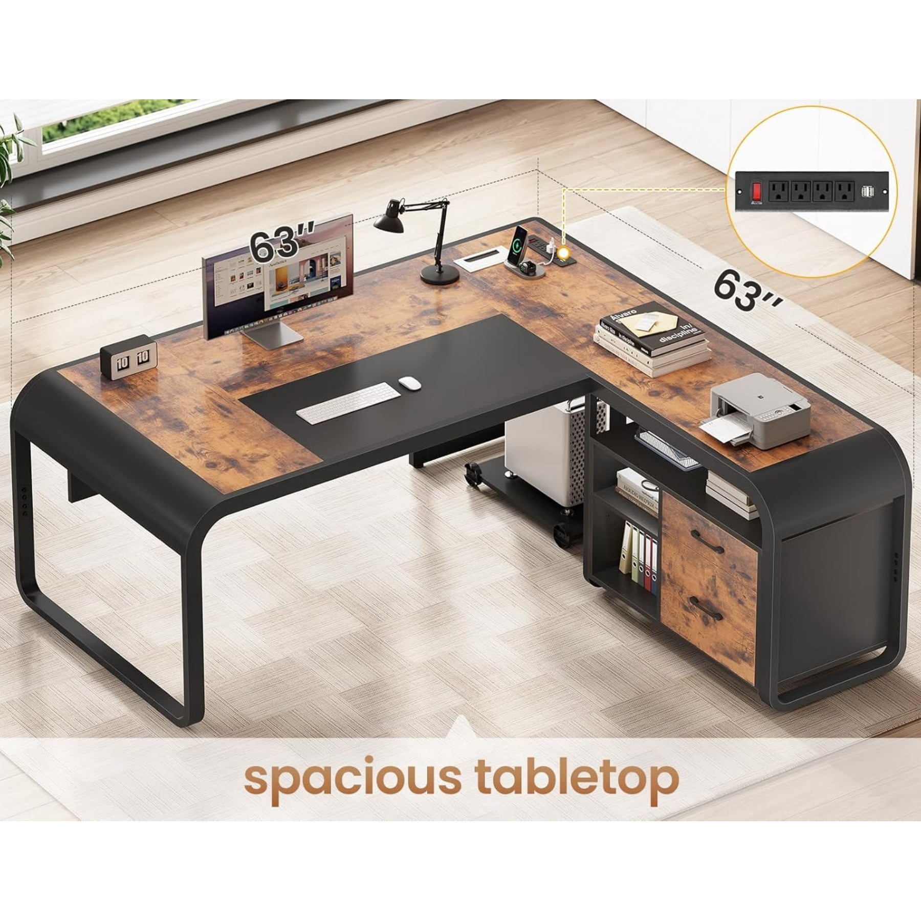 63" Executive Desk with Storage, L Shaped Desk with Power Outlets and CPU Stand, Home Office Desk with Drawers and Shelves, Modern Computer Desk, Rustic Brown