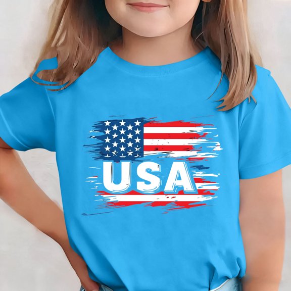 BRGZLK Independence Day Kids T-Shirt Unisex Short Sleeve Round Neck USA Flag Stars and Stripes Graphic Tees 4th of July T-Shirts Patriotic Basic Tops for Summer Daily Blue 5-6 Years