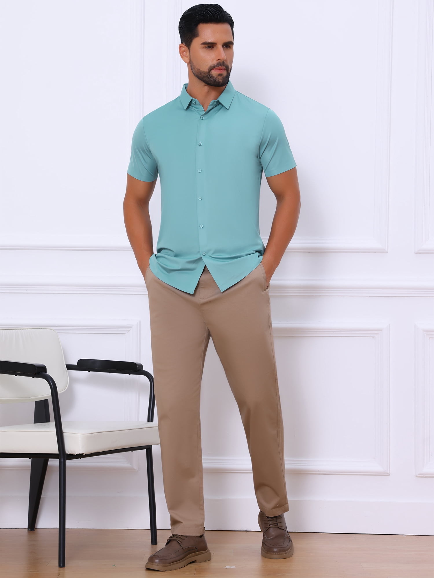 DARING DIVA Men's Button Down Point Collar Short Sleeve Business Dress Shirt XL Blue
