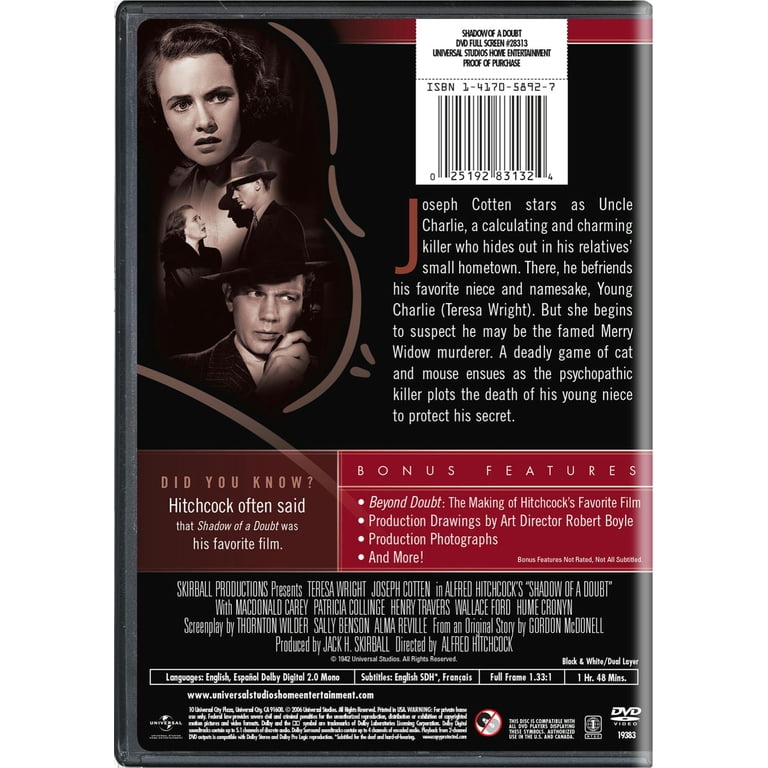 Shadow of a Doubt DVD, Classic Mystery Thriller, 108 mins
