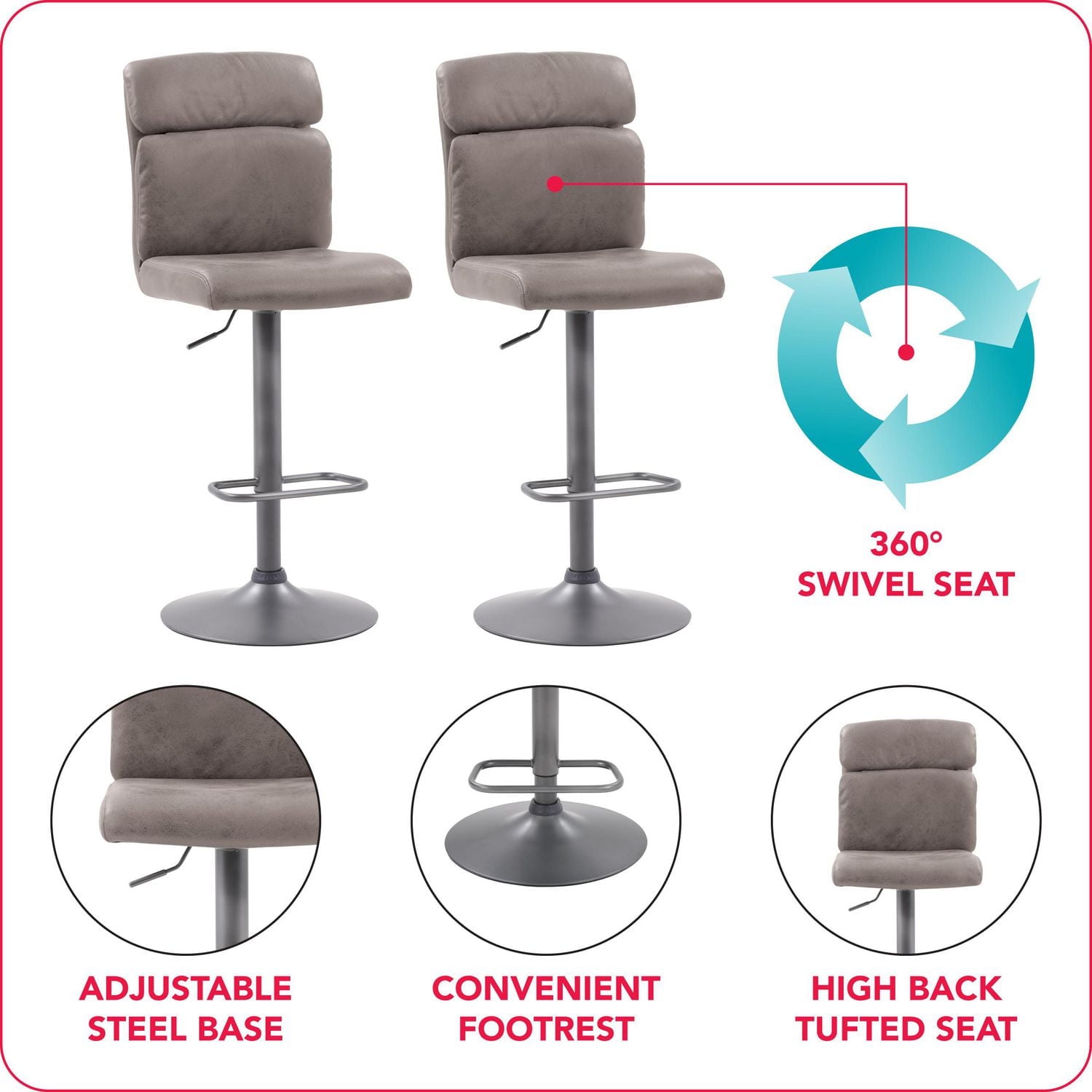 CorLiving Palmer High Back Upholstered Adjustable Height Indoor Barstools, Distressed Grey (Set of 2)