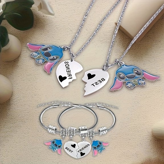 Best Friend Necklace & Bracelet 4-Piece Set, Vintage Stainless Steel Friendship Matching Heart-Shaped Jewelry, Suitable for Daily Wear or as a Gift