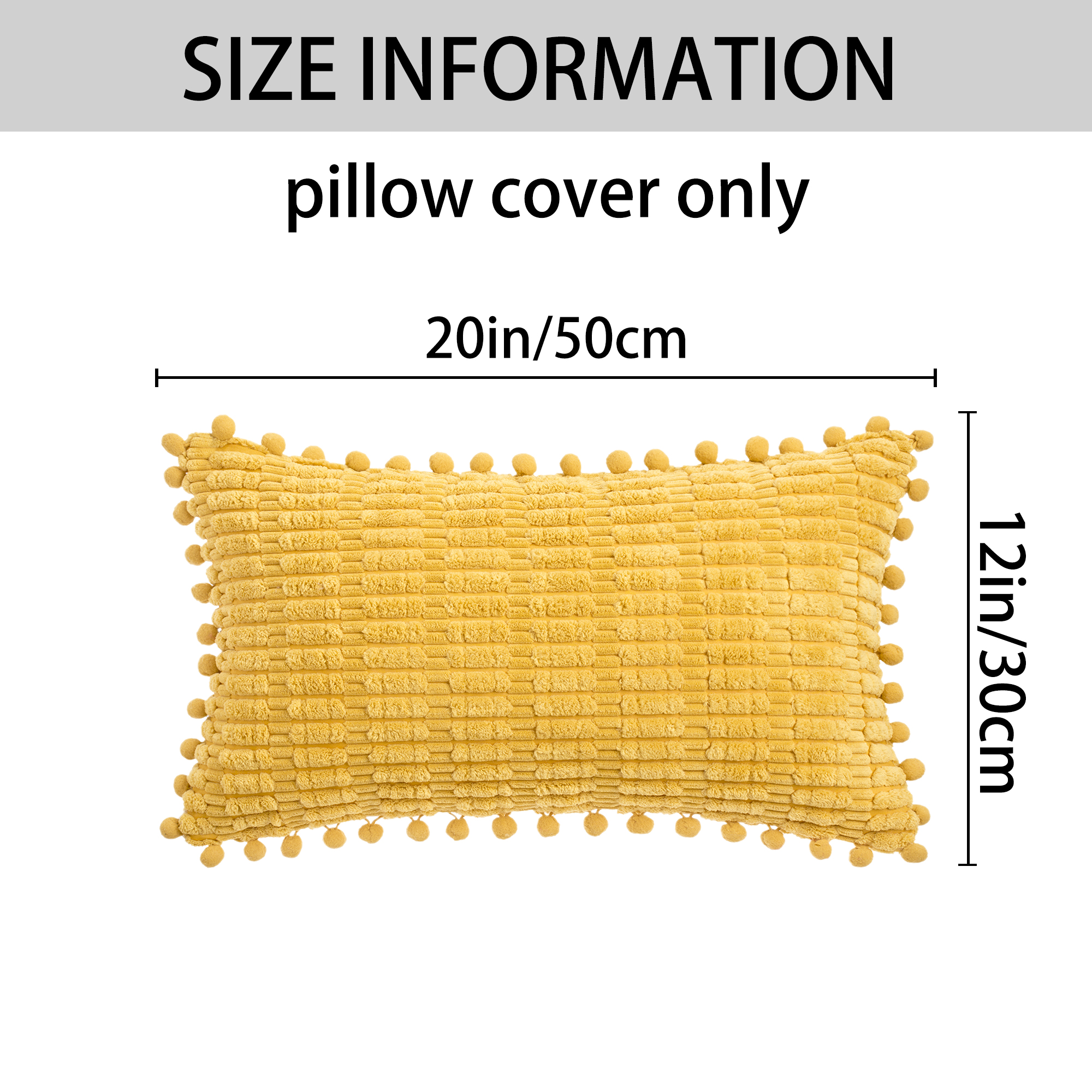 Unique Bargains Set of 2 Corduroy Throw Pillow Covers with Pom-pom Edges 20" x 12" Yellow