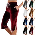 thumbnail image 1 of Pincandy Women's Solid Color Sports Casual Drawstring Elastic Waist Pants with Pockets, Split Hem, 7-Point Length, Casual & Daily Wear, 1 of 7