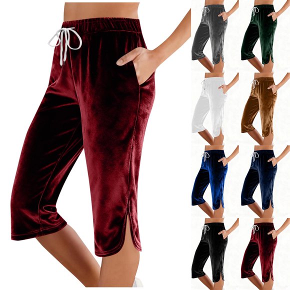 Pincandy Women's Solid Color Sports Casual Drawstring Elastic Waist Pants with Pockets, Split Hem, 7-Point Length, Casual & Daily Wear