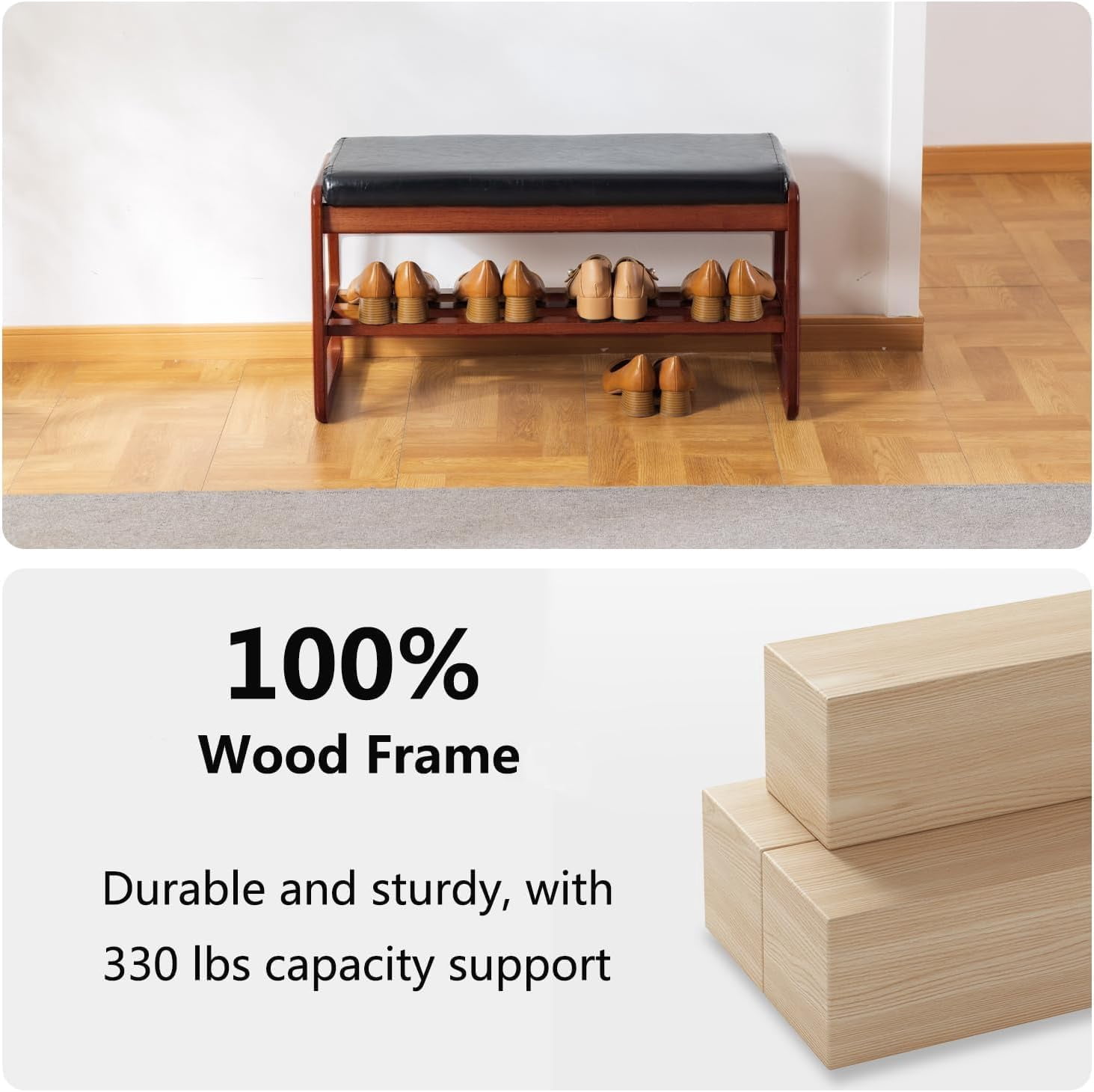 Solid Wood Shoe Bench, 2-Tier Wooden Entryway Bench, Modern Shoe Rack with Faux Leather Cushion for Hallway, Living Room