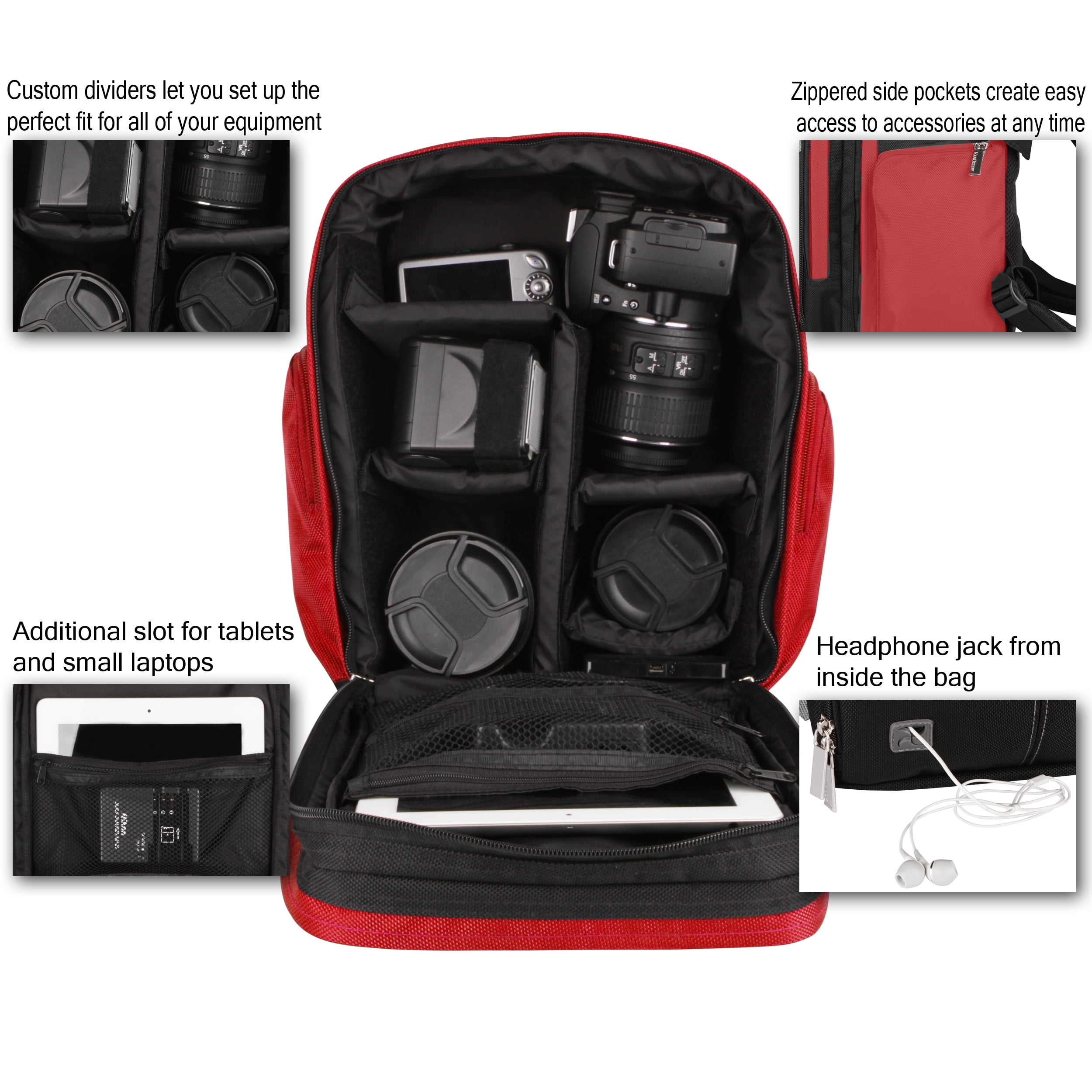 Sporty Outdoor Nylon Backpack Bag for DSLR Compact Cameras, Drones, Camcorders, Sports Action Camers, And Portable Printer Organizers (Red)