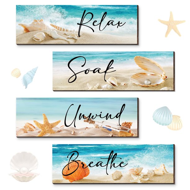 4 Pieces Ocean Beach Bathroom Wall Decors Wood Relax Soak Unwind