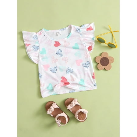 

Sleeveless Toddler Girls Heart Print Butterfly Sleeve Bow Hem Tees T Shirt S221904X Multicolor 2Y(36IN)