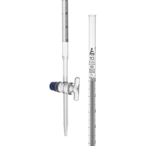 Lab Burette, 10mL - Schellbach Design for Accurate Miniscus Reading - Class B - 0.05mL White Graduations - Glass Stopcock - Borosilicate Glass Buret - Eisco Labs