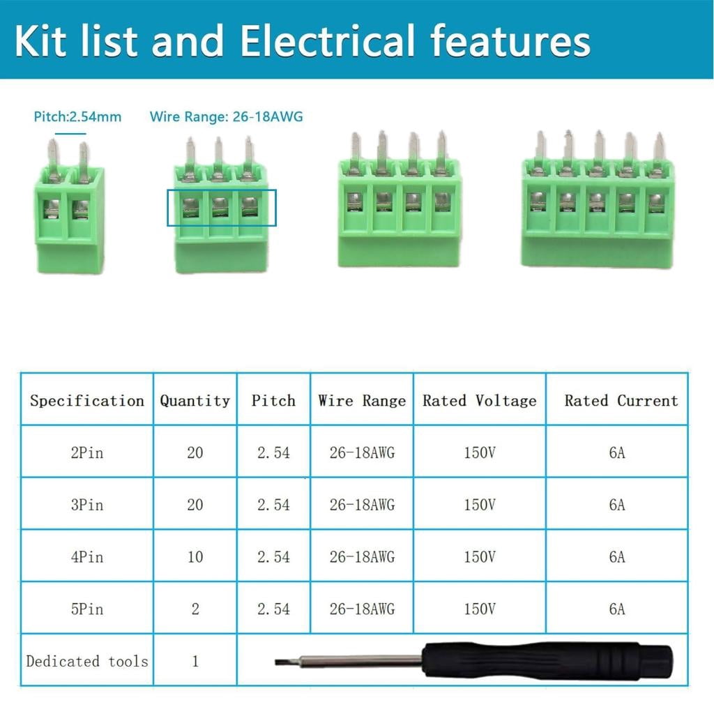 52Pcs PCB Wiring Terminals 2.54mm Pitches PCB Mount Screw Terminals Block Straight Pin 2/3/4/5Pin Circuit Board Connecto