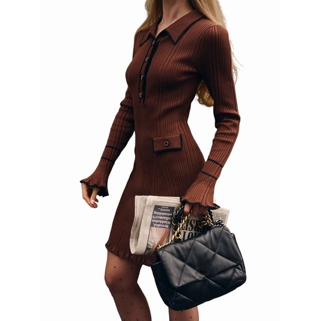 Womens V Neck Bodycon Sweater Dress Long Sleeve Half Button Slim Fitted Ruffle Ribbed Knit Mini Pencil Dress Brown L