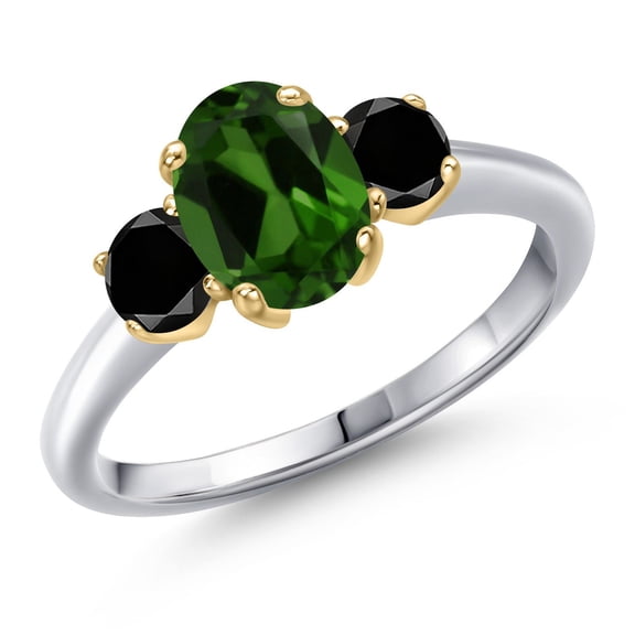 Gem Stone King 925 Silver and 10K Yellow Gold Green Chrome Diopside and Black Diamond Engagement Ring for Women | 1.74 Cttw | Oval 8X6MM | Gemstone Birthstone | Size 7