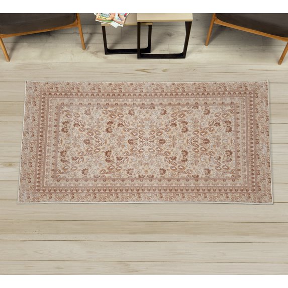 Earth Tones Decorative Rug, Pastel Design Bohemian Nature Art of Vintage Leaves and Flowers, Quality Carpet for Bedroom Dorm and Living Room, 6 Sizes, Pale Peach Chocolate, by Ambesonne