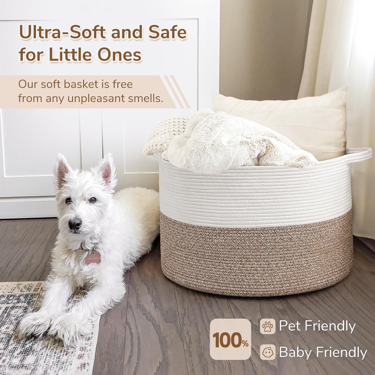 XXXLarge Cotton Rope Basket 21.7" x 21.7" x 13.8" Woven Baby Laundry Blanket Basket Toy Baskets with Handle Storage Comforter Cushions Thread Laundry Hamper