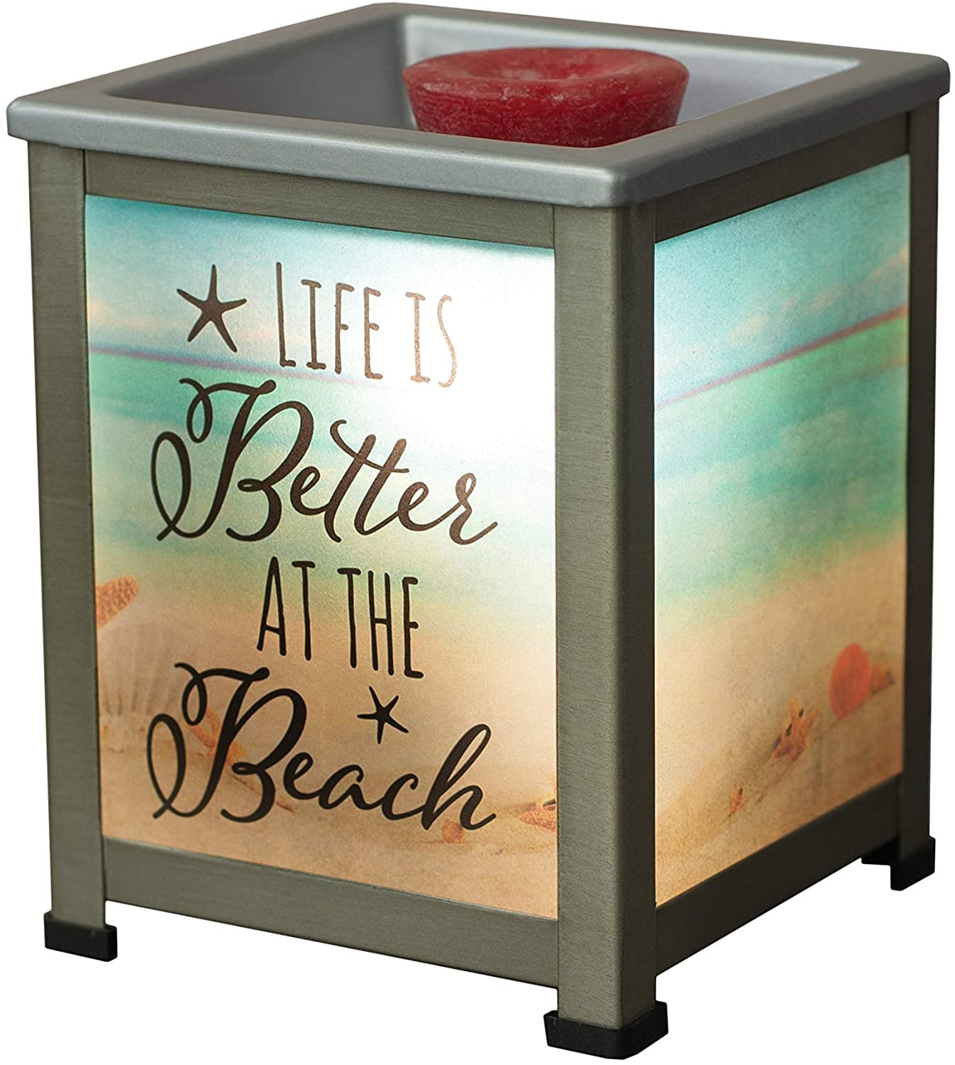 Life Better at Beach Seashore Silvertone Metal Electrical Wax Tart & Oil Glass Lantern Warmer