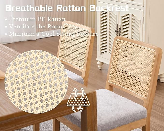 Guyou Farmhouse Rattan Dining Chairs Set of 4, Modern Wooden Kitchen Chairs with Cane Back, Chenille Upholstered Dining Room Chairs, Boho Wicker Woven Dining Side Chairs for Dining Room, Grey