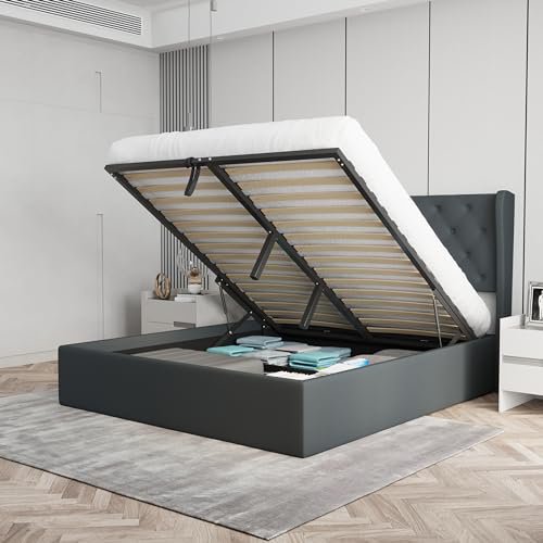 Velets Diva Contemporary Mid-Century Soft Padded Tufted Upholstered Platform Bed with Hydraulic Gas Lift Storage - Wood Slat System & Smart Hydraulic Under-Bed Storage (Dark Gray, Queen)