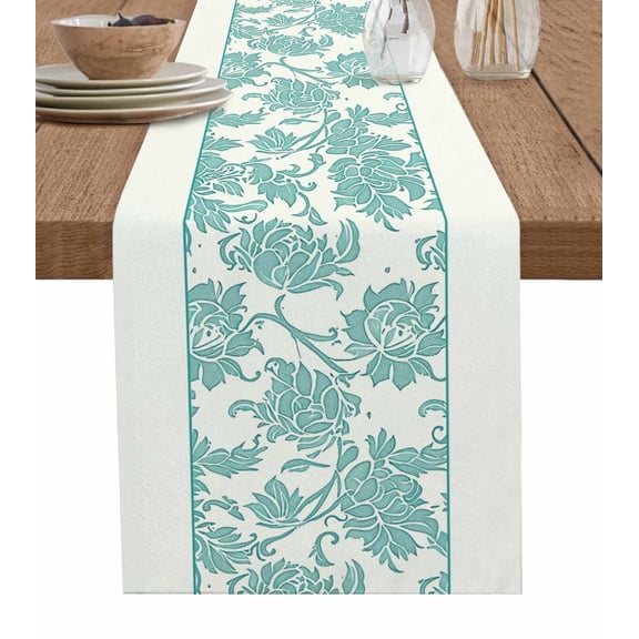 Ldtrchee Teal Spring Floral Table Runner 72 Inches, Ethnic Boho Vintage Botanical Bed Runner Dresser Scarves Tabletop for Indoor Outdoor Parties/Ceremony/Banquet, 13" x 72"
