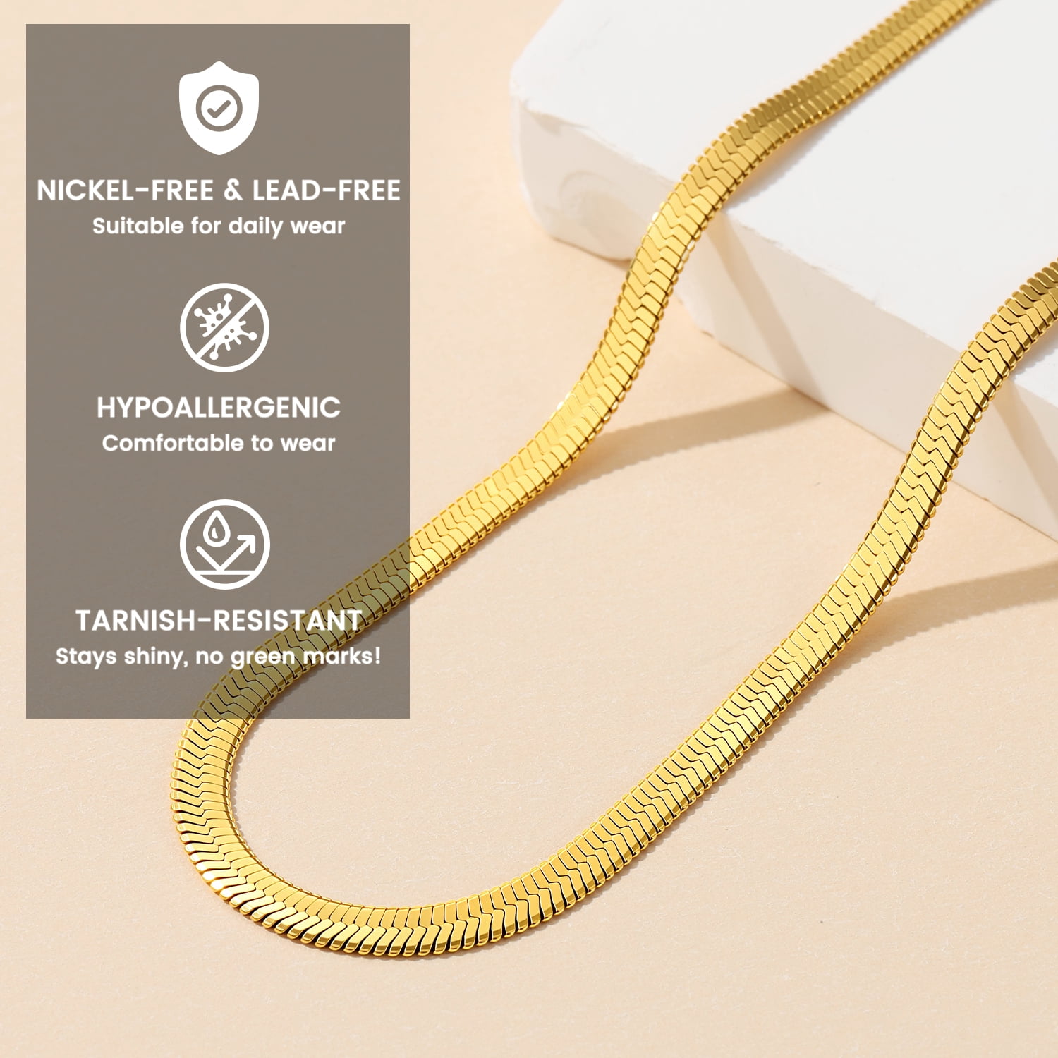 Bestyle 14K Gold Plated Choker Necklace for Women, 5mm Flat Herringbone Snake Chain Necklace Jewelry for Everyday Wear Birthday Mother's Day