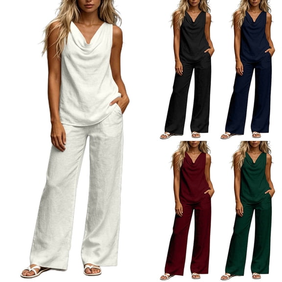 PNTUTB Women's Two Piece Set Sleeveless Scoop Neck Top Elastic Waist Wide Leg Pants with Pocket Solid Color Casual Comfort Trendy Outfit Sets