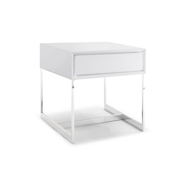 Side Table High Gloss White One Drawer Polished Stainless Steel Legs