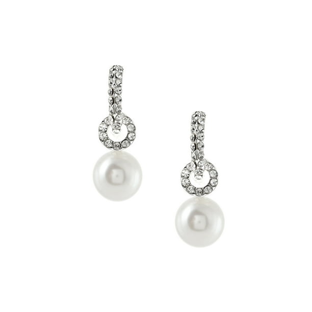 Silver Crystal Rhinestone Dangle Earrings with White Pearl Drop ...