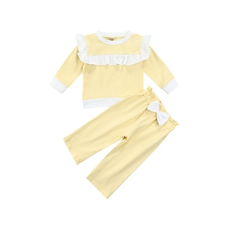 

Sunisery Infant Toddler Baby Girls Clothes Ruffles Long Sleeve Pullover Solid Sweatshirt Tops Pants 2PCS Sets Yellow 18-24 Months