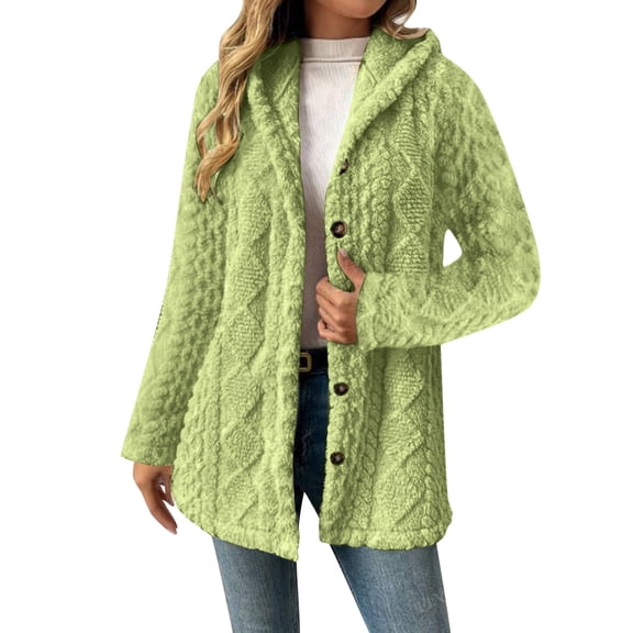 BLTIBY Womens Fleece Jacket Casual Button Up Fuzzy Hooded Long Sleeve Cardigan Tops Warm Fleece Coats Outerwear Green M