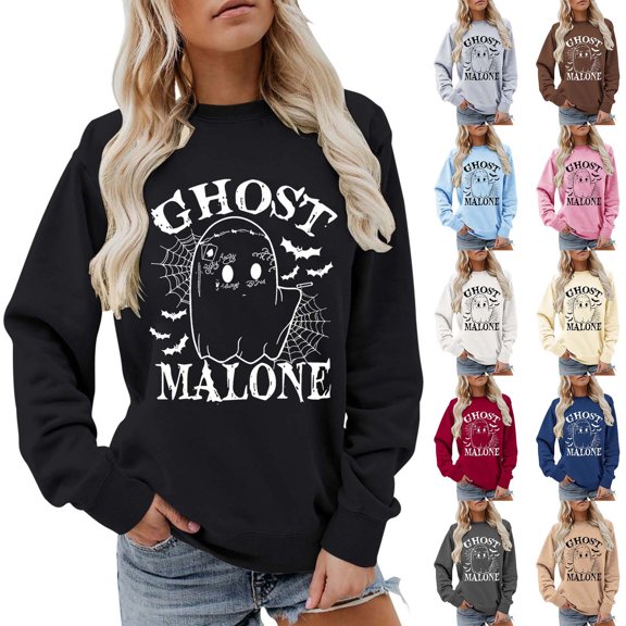 WEIWEN Ghost Malone Sweatshirt for Women Funny Graphic Halloween Shirts for Women Casual Crewneck Pullover Sweaters Long Sleeve Fashion Clothing Brown, S