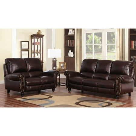 Abbyson Cambridge Burgundy Leather Pushback Reclining Loveseat And Sofa Set