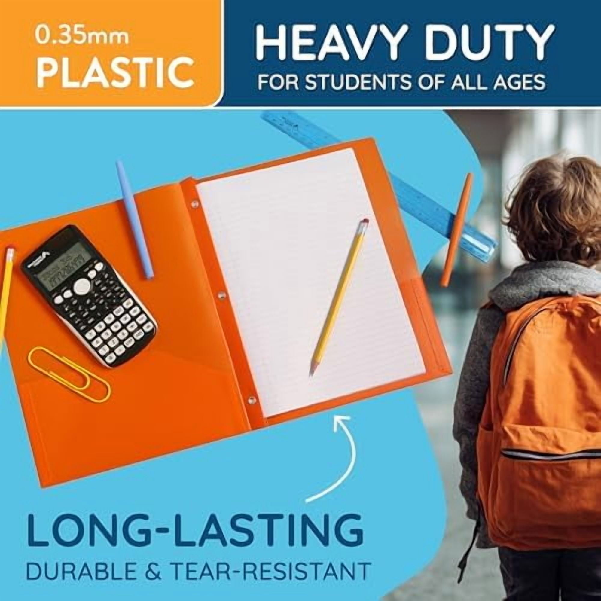 6 Pack Multicolor Plastic Folders with Pockets and Prongs, 2 Pocket Plastic Folders with Prongs and Brads for School, Home, and Work$$Office