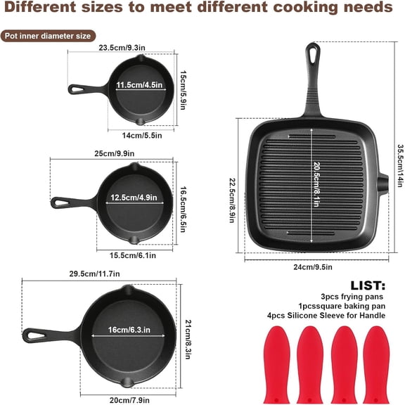 Pre-Seasoned Cast Iron Skillets, 4 Piece  Pots and Pans Set with Handle Covers for Grill, BBQ, Camping Fire, Stovetop, Kitchen and Camping Cookware