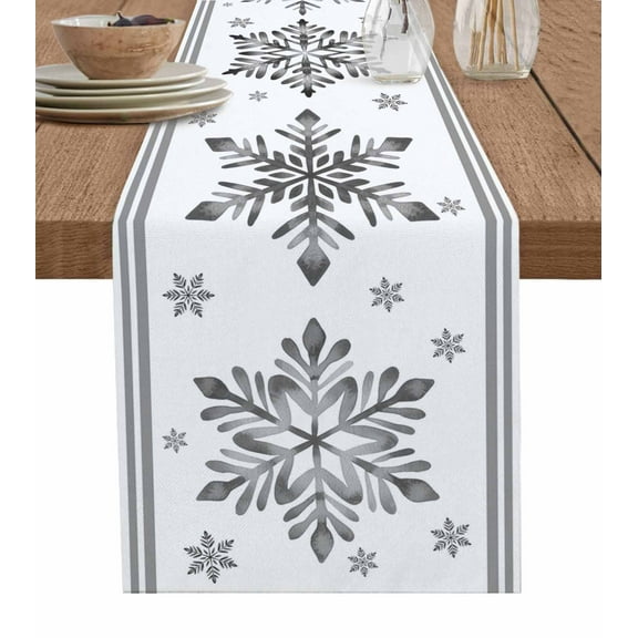 Grey Snowflake Christmas Table Runner 90 Inches, Xmas Abstract Art Winter Bed Runner Dresser Scarves Tabletop for Indoor Outdoor Parties/Ceremony/Banquet, 13" x 90"