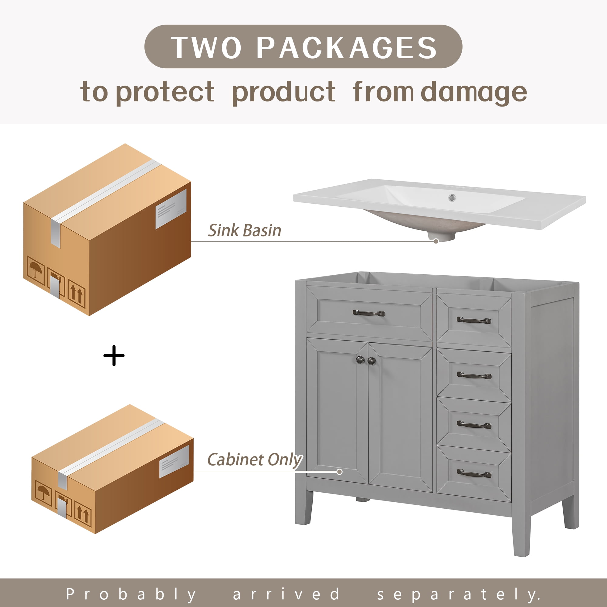 Harper & Bright Designs 36" Bathroom Cabinet Vanity with Sink Combo, White Bathroom Storage Cabinet with 3 Drawers and Two Doors, Solid Wood Frame and MDF Board