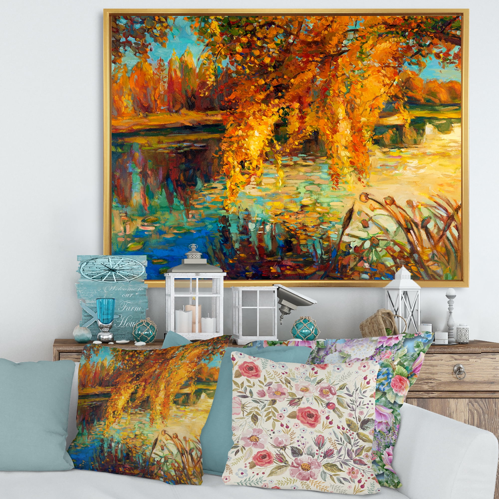 Designart 'Orange Autumn Forest Reflects On River' Lake House Framed Canvas Wall Art Print