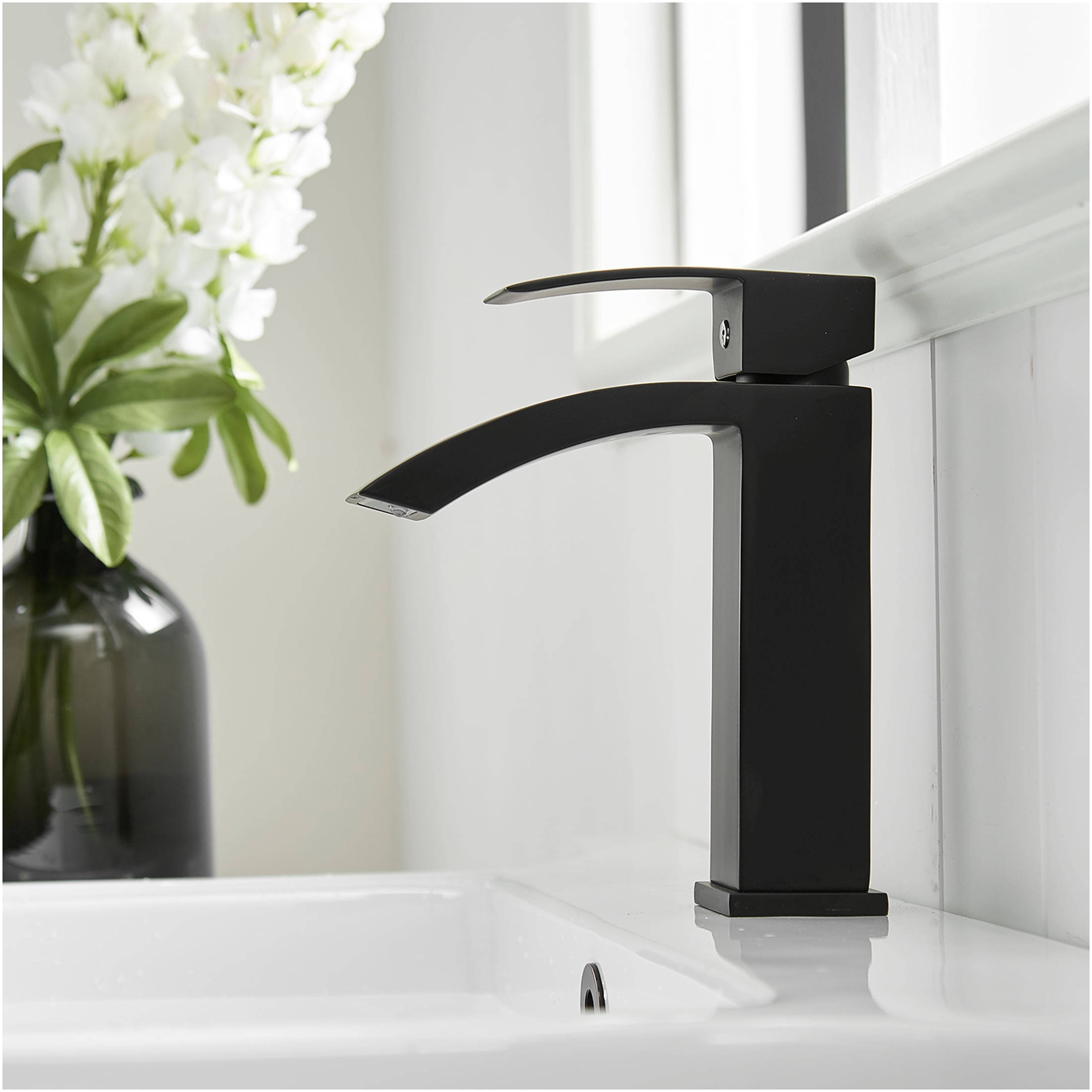 JERFIT Modern Single Handle Bathroom Faucet, Brushed Black Waterfall Vessel Sink Faucet, Single Hole Vanity Basin Tap for Bathroom, Powder Room, Guest Bath