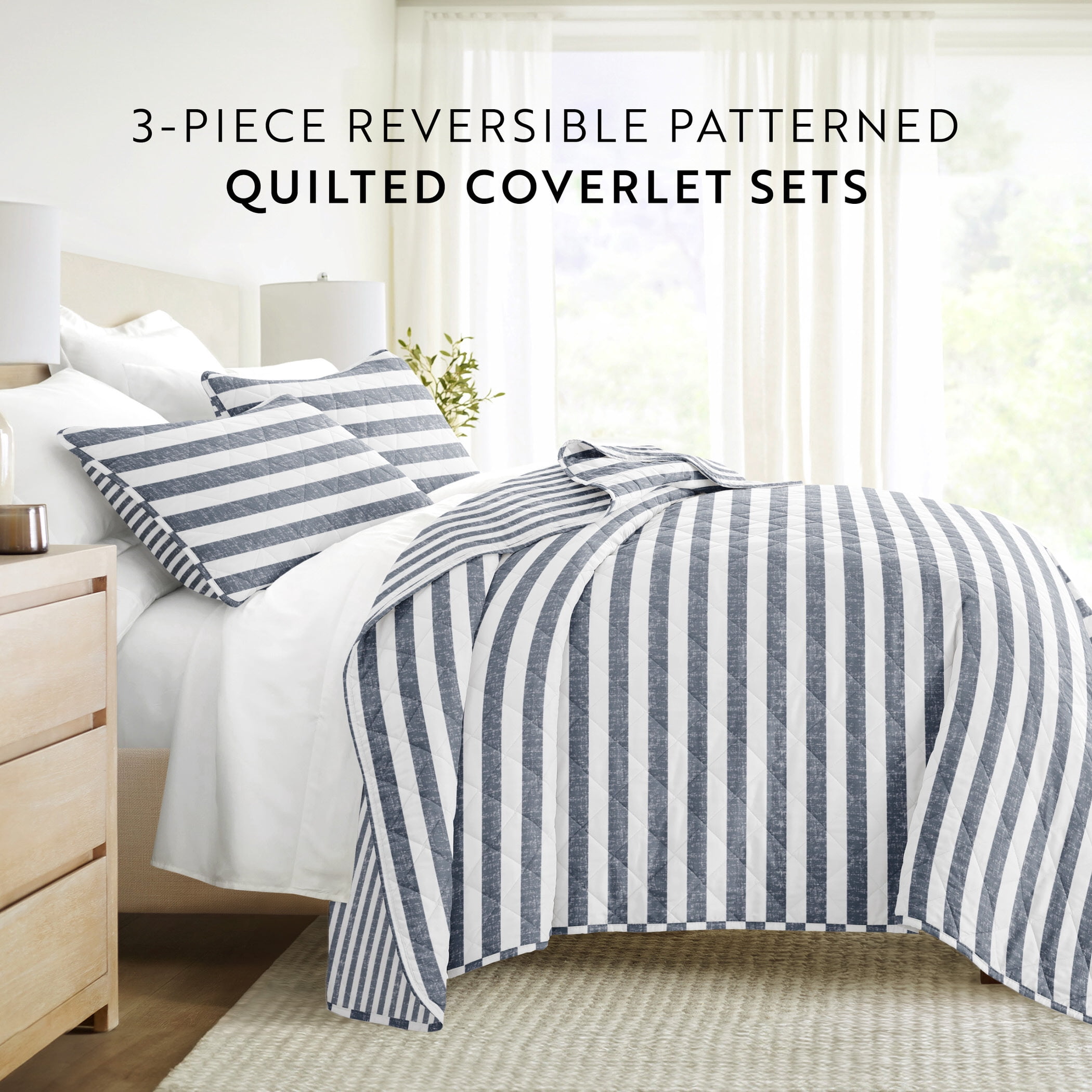 Lightweight Quilt Sets - Wrinkle Free - Coverlet Striped Coastal Blue Pattern for Full/Queen Size Bedding by Comfort Canopy